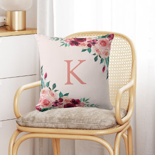 Coussin Fleur de rose burgundy rose eau-forte boho monogra