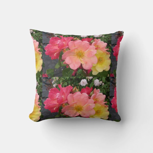 Coussin Fleur de rose jaune rouge Floral roses Vintages (Recto)