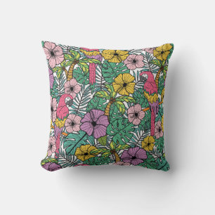 Coussin Fleur d'hibiscus tropicale avec palme, perroquets