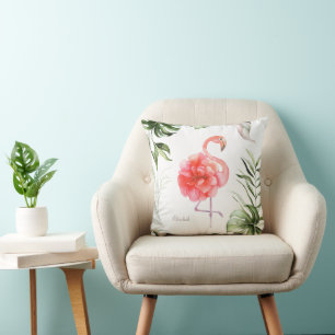 Coussin Fleur Flamant rose rose, Feuille de palme