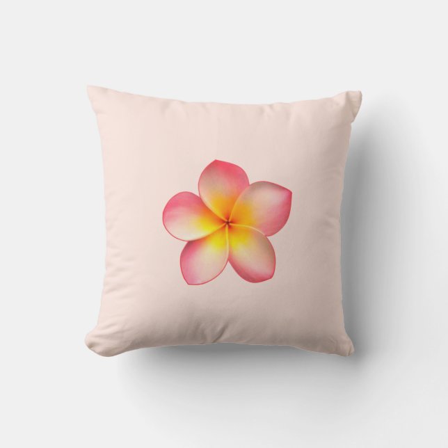 Coussin Fleur Frangipani Plumeria sur Rose léger (Recto)