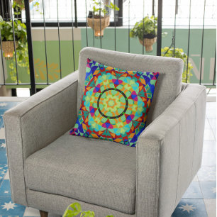 Coussin Fleur Mandala rétro orange rouge et bleu