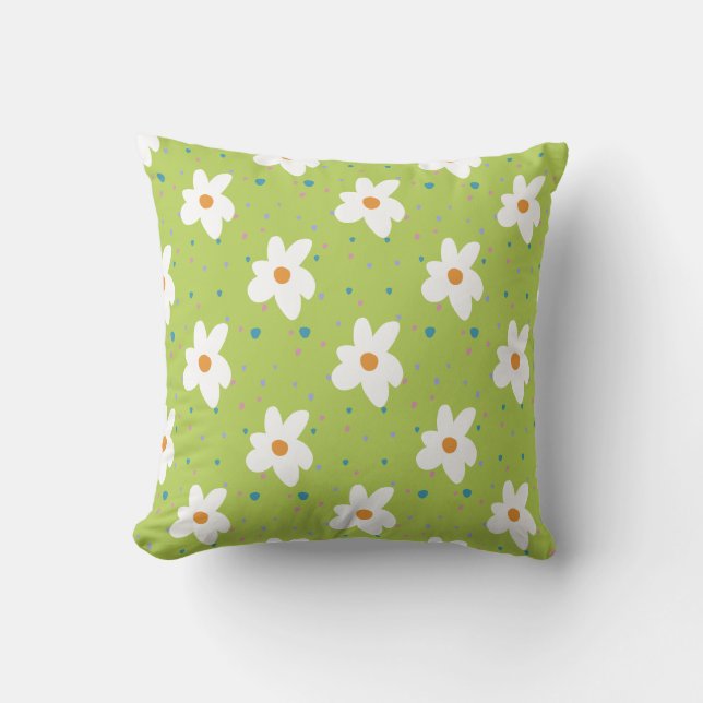 Coussin Fleur marguerite et points vert heureux (Recto)