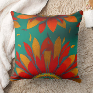 Coussin fleur marocaine or rouge orange sarcelle bleu