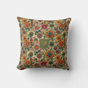 Coussin Fleur orange jaune motif cottagecore monogramme