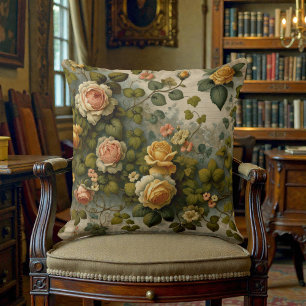 Coussin Fleur Orange Jaune Victorien Ancien