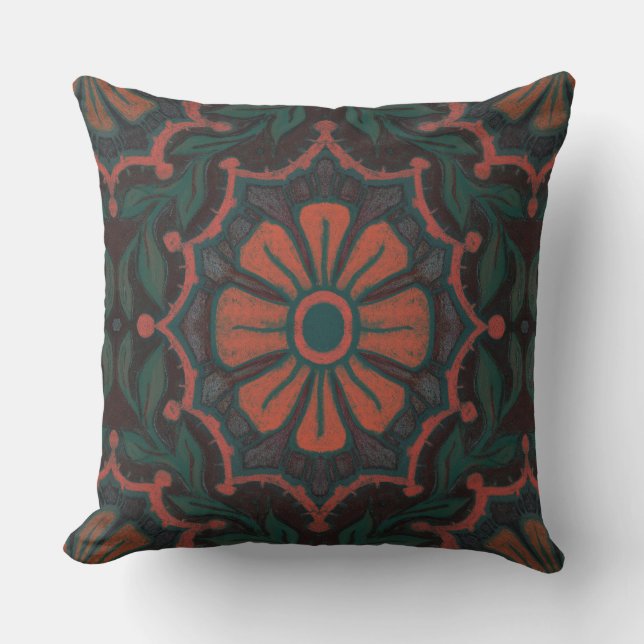 Coussin Fleur orange, motif floral, folklore, bohème (Recto)