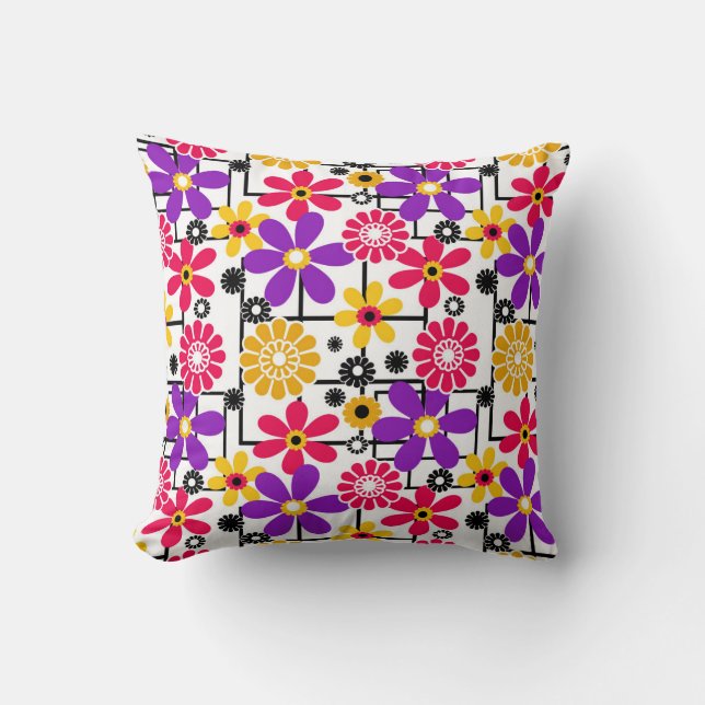 Coussin Fleur rétro, lumineux rétro, floral, rouge et jaun (Recto)