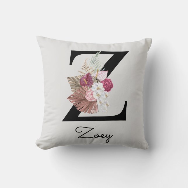 Coussin Fleur rose boho initiale Z monogrammée (Recto)