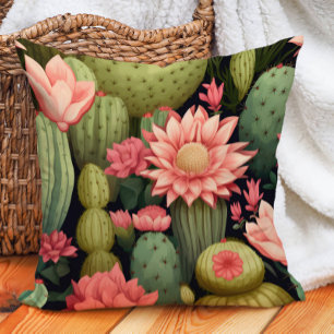 Coussin Fleur rose Cactus vert noir Désert Bohème