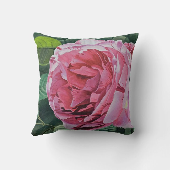 Coussin Fleur rose Peony avec feuilles verts, carré (Verso)