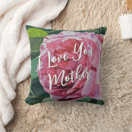 Coussin Fleur rose Peony avec feuilles verts et mots