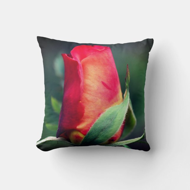 Coussin Fleur Rosebud Rouge Avec Points Forts Jaunes Ferme (Recto)