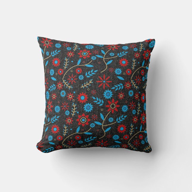 Coussin Fleur Rouge Or Bleu Parties scintillant noire Moti (Recto)