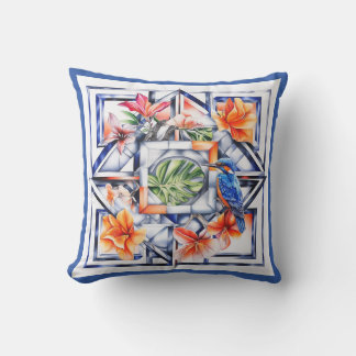 Coussin Fleur tropicale, botanique avec oiseau