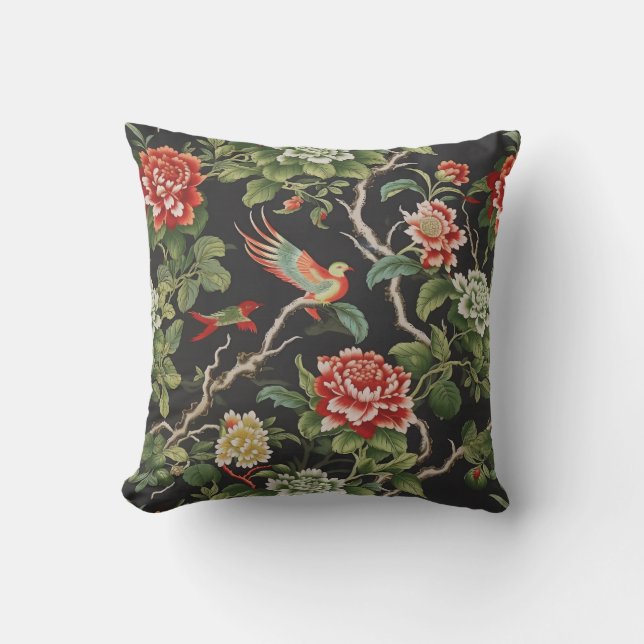 Coussin Fleur vert rouge chinois (Recto)