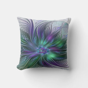 Coussin Fleur verte abstraite moderne fractale violette