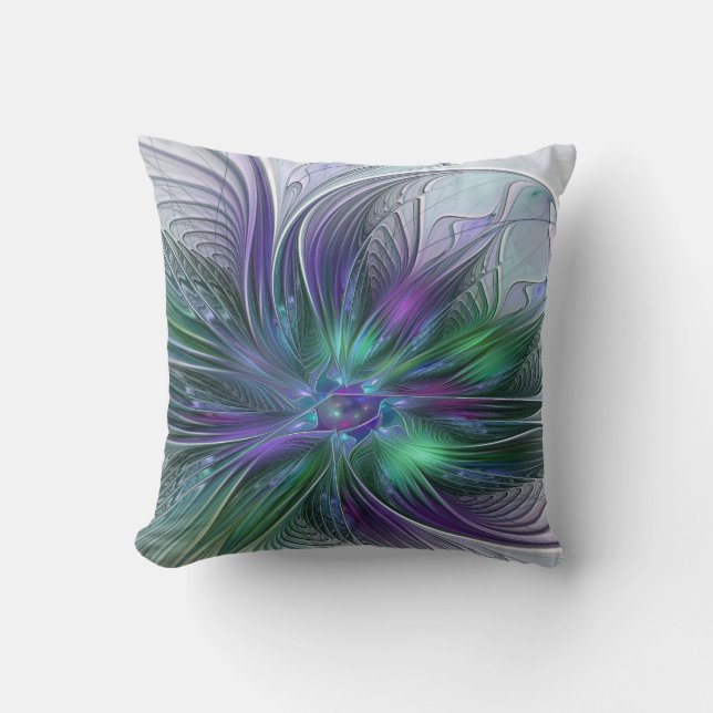 Coussin Fleur verte abstraite moderne fractale violette (Recto)