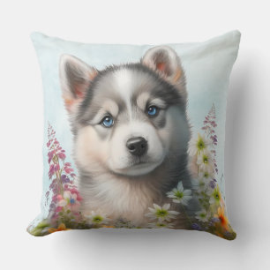 Coussin Fleurs à l'aquarelle et chiot husky sibérien