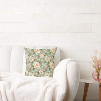 Coussin Fleurs à l'aquarelle pêche et vert