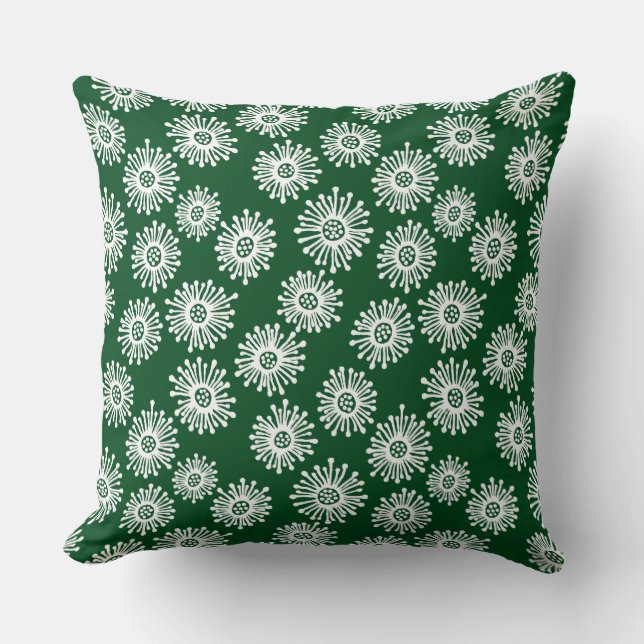 Coussin Fleurs à main - Blanc sur Vert foncé 02481c (Recto)