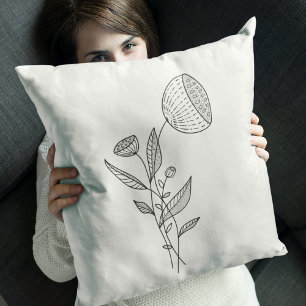 Coussin Fleurs Abstraites Doodle Noir Blanc Style
