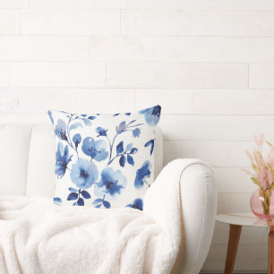Coussin Fleurs aquarelles bleu glace