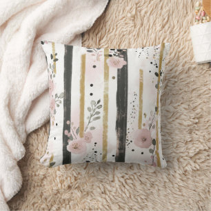 Coussin Fleurs aquarelles bohèmes rayures or rose noir