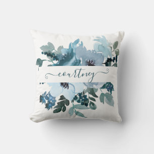 Coussin Fleurs aquarelles personnalisées bleu sarcelle et 