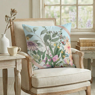 Coussin Fleurs aquarelles vintage cyan clair