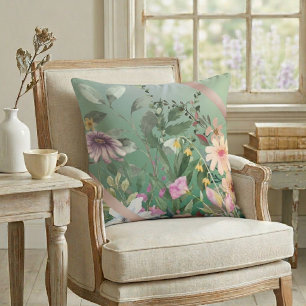 Coussin Fleurs aquarelles vintage vert sauge 