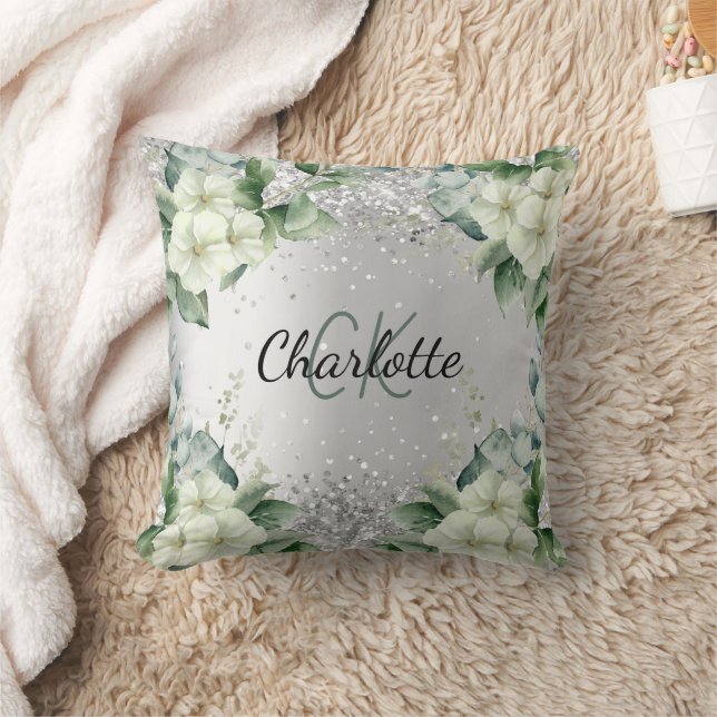 Coussin Fleurs blanches argentées nom monogramme élégant (Couverture)
