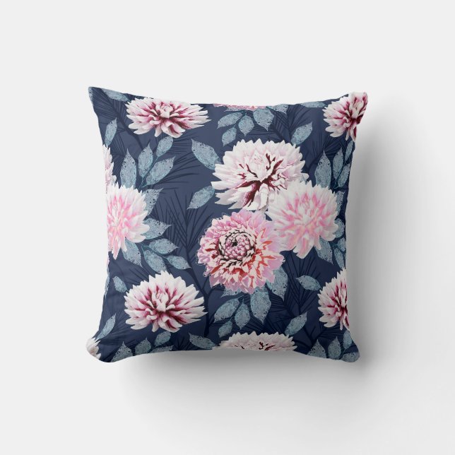 Coussin Fleurs blanches et roses sur bleu foncé. (Recto)