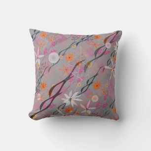 Coussin Fleurs blanches, roses, orange sur gris