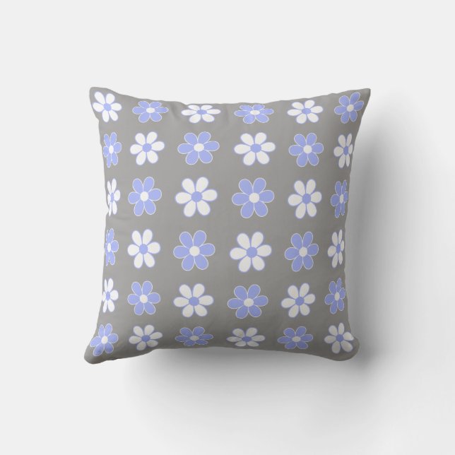 Coussin Fleurs bleu ciel et blanc sur gris argent (Verso)