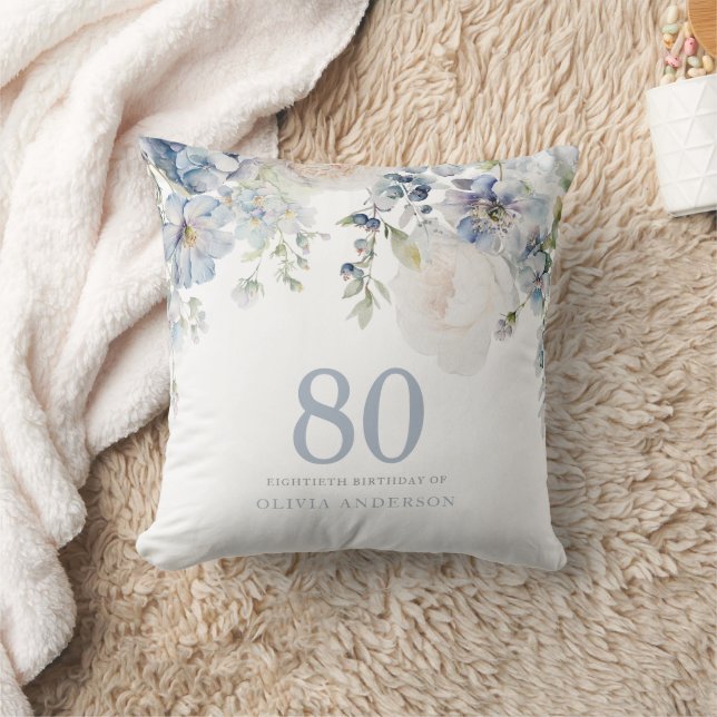 Coussin Fleurs bleues Dusty 80e anniversaire cadeau de fêt (Couverture)