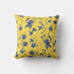 Coussin Fleurs Bleues Élégantes Modernes Mustard Jaune
