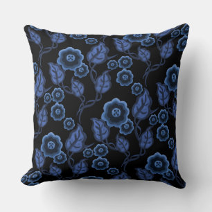 Coussin Fleurs bleues, feuille bleu, art populaire