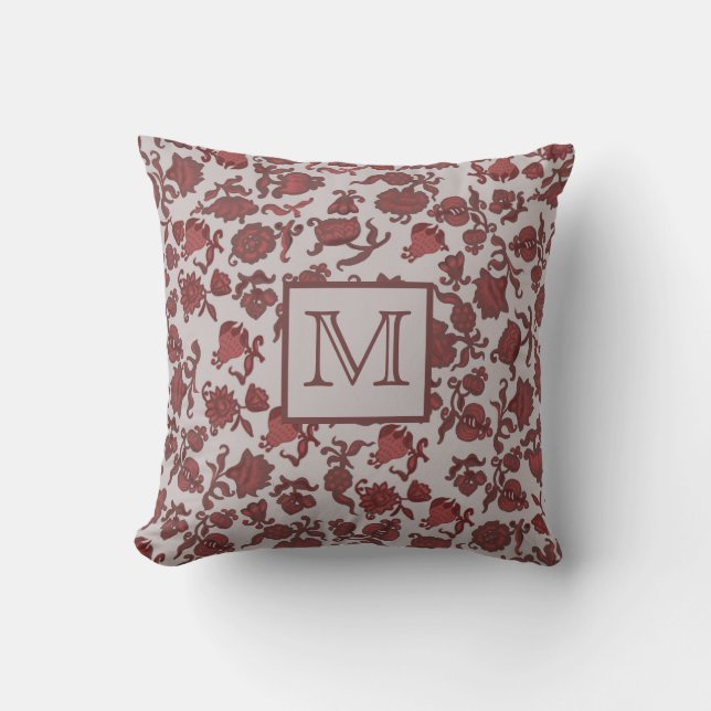 Coussin Fleurs Bohème Chic Floral Boho Rouge Gris Monogrm (Recto)