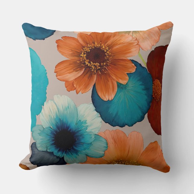 Coussin Fleurs Boho bleu turquoise, rouge, rouille et bron (Recto)