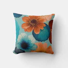 Coussin Fleurs Boho bleu turquoise, rouge, rouille et bron