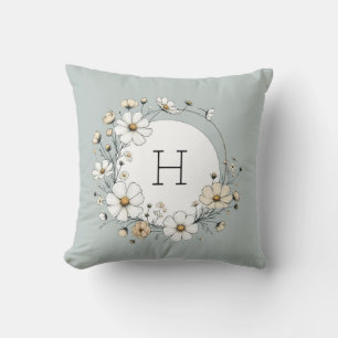 Coussin Fleurs Boho Personnalisées Monogramme Vert Sauge