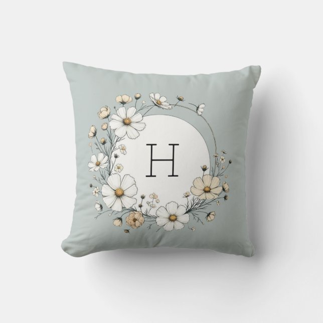 Coussin Fleurs Boho Personnalisées Monogramme Vert Sauge (Recto)