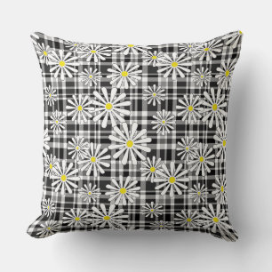 Coussin Fleurs chamomiques blanches sur à damiers noir bla