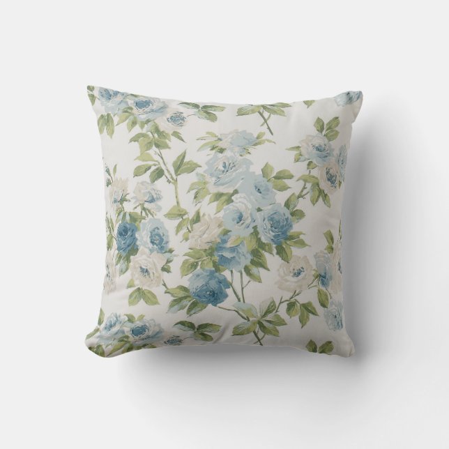 Coussin Fleurs Chic Shabby Aquarelle Roses Floral Bleu (Recto)