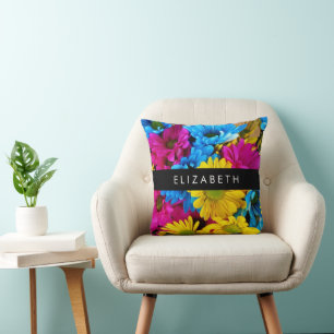 Coussin Fleurs colorées, Faisées, Boho, Votre Nom