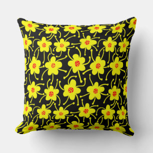 Coussin Fleurs concurrentes - Jaune et rouge sur noir