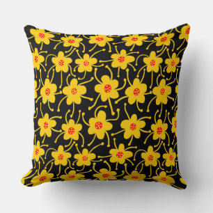 Coussin Fleurs concurrentes - orange et rouge sur noir