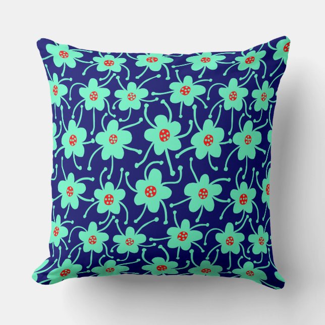 Coussin Fleurs concurrentes - Turquoise et rouge sur Deep  (Recto)