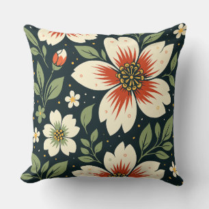 Coussin Fleurs crème avec centres rouges et feuilles verte